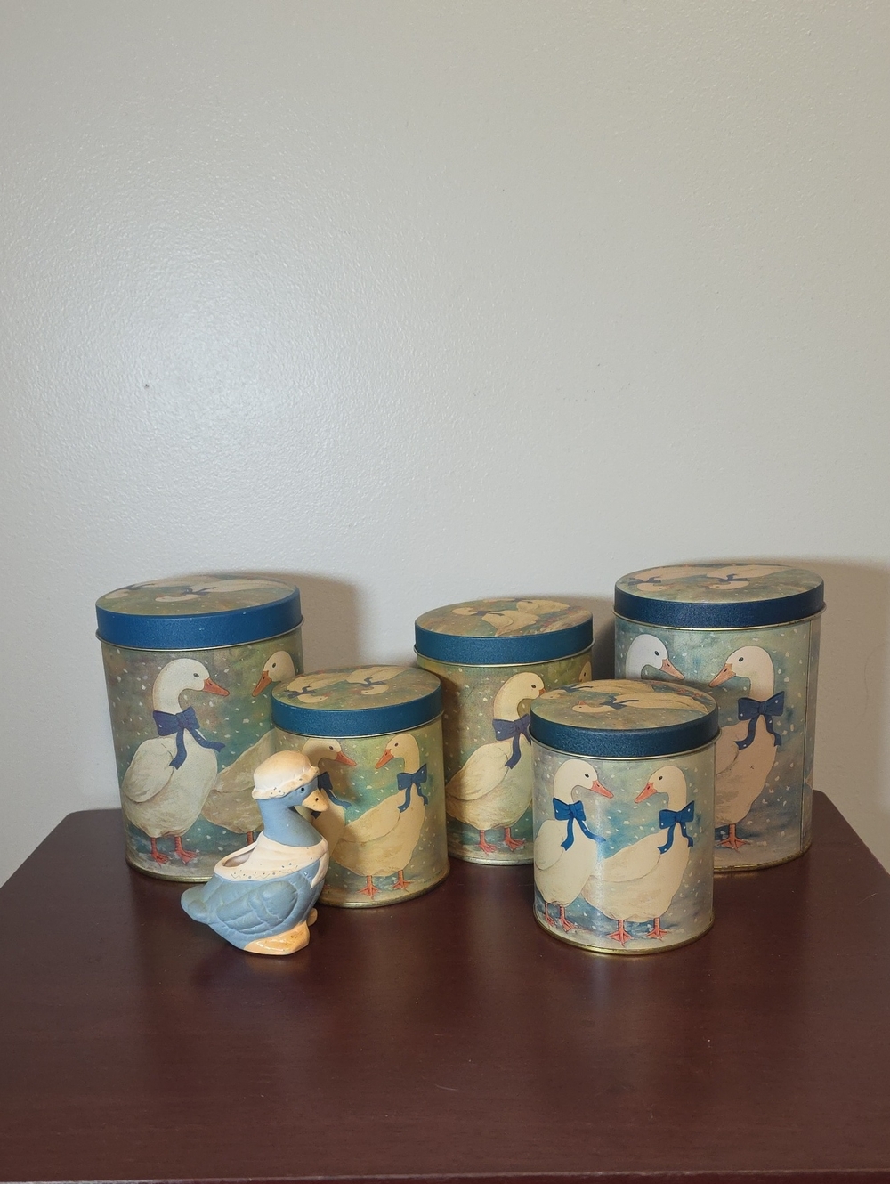 Vintage Blue & Cream Duck Canister Set with Decorative Duck Figurine